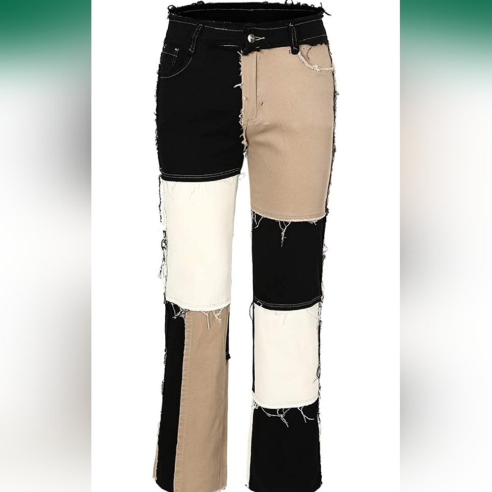THUNDER STAR Womens Patchwork Straight Leg Jeans Mid Rise Stretch Frayed…